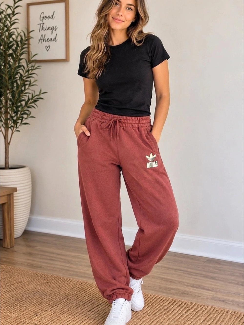 adidas Trefoil Essentials Loose Fleece Pants Burgundy Small